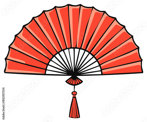 Hand drawn Illustration of Red handheld fan with tassel for traditional Asian decoration and style. Editable vector graphic.