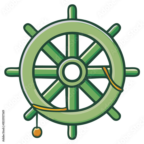 Green ship's helm stylized as a Buddhist Dharma wheel cartoon illustration