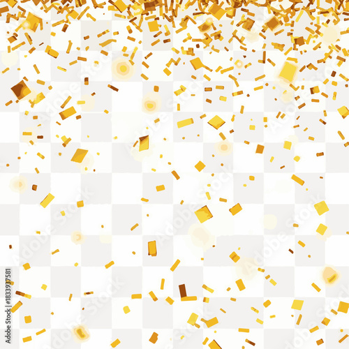Ai futuristic office workspace with remote job screens illustration of golden confetti falling from above creating a festive and celebratory atmosphere against a transparent background, perfect for pa