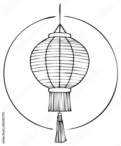 Ink drawing of a round paper lantern with tassels in a decorative circle