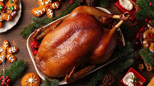 Roasted Goose with Gingerbread Cookies and Pine Decorations on Festive Flat Lay Table