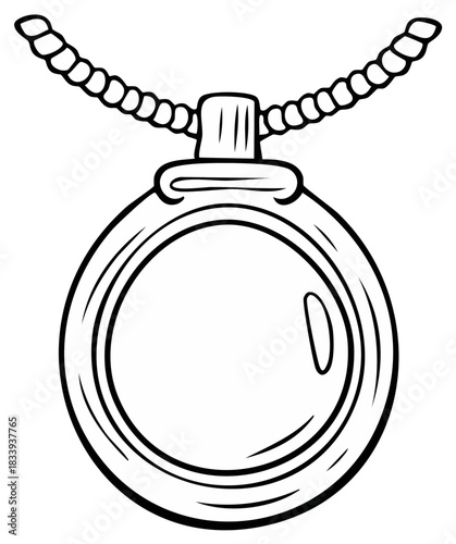 Classic circular locket or pocket watch on a chain, black and white line art illustration