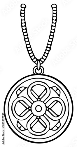 Outline illustration of a circular pendant on a beaded chain