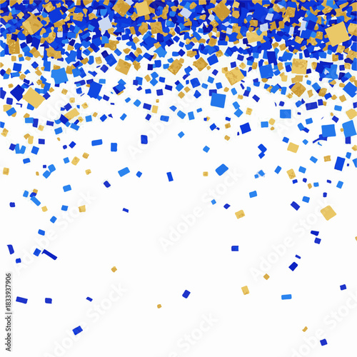 Ai futuristic office workspace with remote job screens illustration of falling blue and gold confetti squares isolated on white background, perfect for celebration, party, or festive event design elem