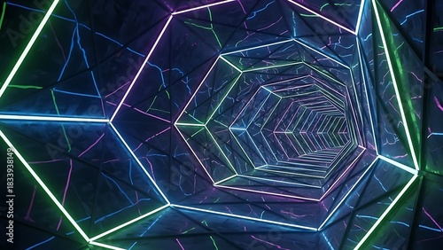 Fototapeta Naklejka Na Ścianę i Meble -  “geometric hexagon tunnel with neon edges, deep sci-fi corridor perspective, glowing digital symmetry, futuristic holographic passage design