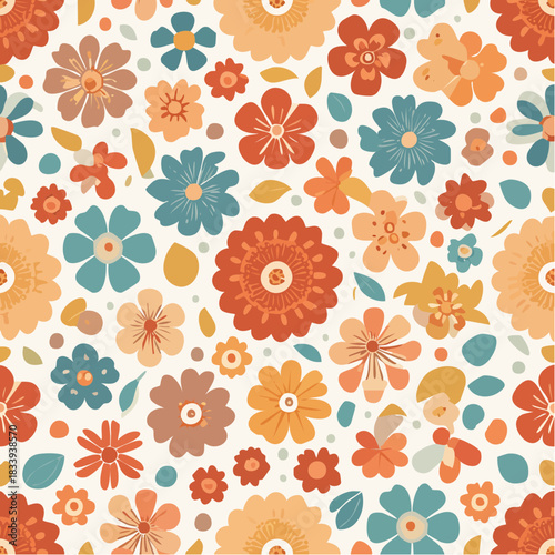 Trendy floral seamless pattern collection. Set of vintage 70s style flower background illustration.
