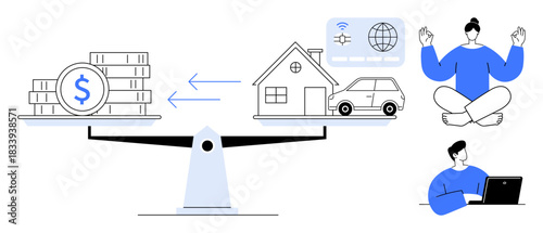 Financial planning, investment strategies, work-life balance, wealth management, decision-making, relaxation techniques. Scales showing money against a house, car, and relaxation activities