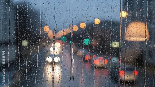 Rainy City Night View Through Wet Window with Bokeh Lights.