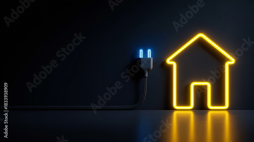 Neon house outline with electric plug energy concept