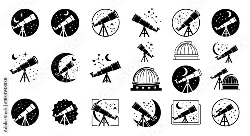 Black and white telescope icons representing astronomy and night sky observation