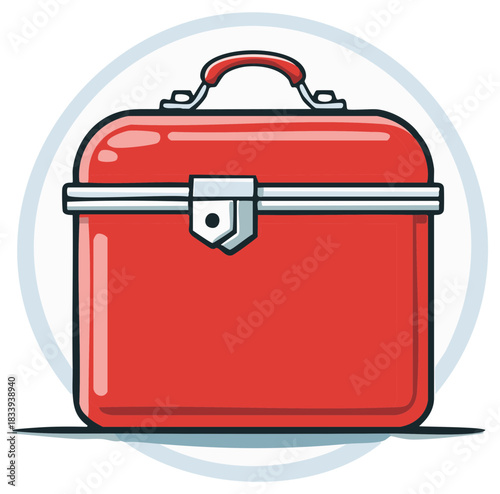 Vintage red lunch box with silver latch and handle illustration