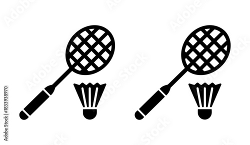Two badminton rackets and shuttlecocks isolated on white, representing a sport or game activity, simple icon illustration.