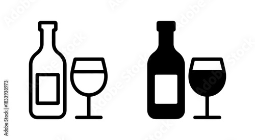 Two stylized icons of a wine bottle and wine glass, one outline and one silhouette, representing beverage service and celebration