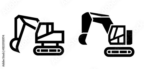 Two icon set of excavator, one line art and one solid black, symbolizing construction, heavy machinery, and digging operations.
