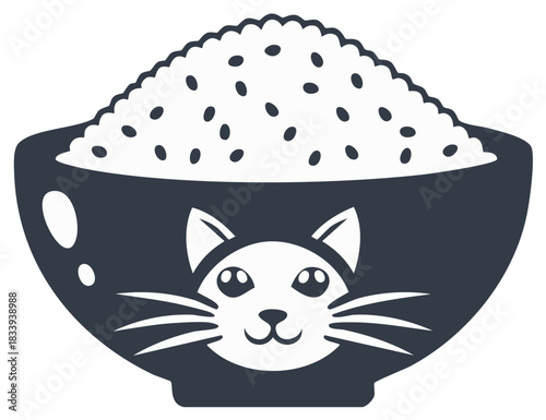 Bowl of Rice with Cat Design, Simple Pet Food Illustration