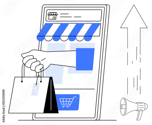 E-commerce, online shopping, digital marketing, growth, retail business, consumer behavior. Mobile screen with storefront, hand holding shopping bags growth arrow and megaphone. E-commerce