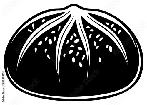 Stylized Black and White Steamed Bao Bun Dumpling Icon with Decorative Seeds