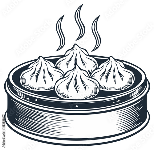 Hand Drawn Asian Dumplings Dim Sum with Steam in Bamboo Steamer Monochrome
