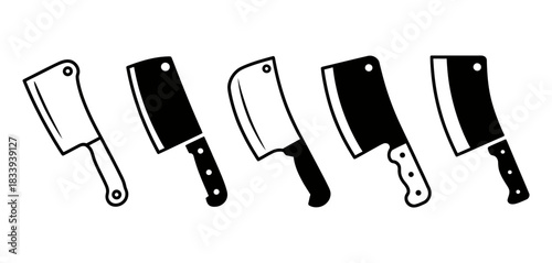 Collection of diverse butcher cleaver knives displayed in a row, featuring varying shapes and handle designs, isolated on a clean white background.