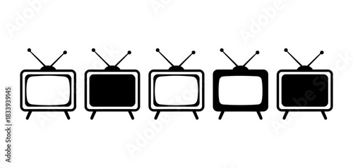 Five vintage television sets, with alternating screens on or off, depicted as icons with antennas, set against a plain background.