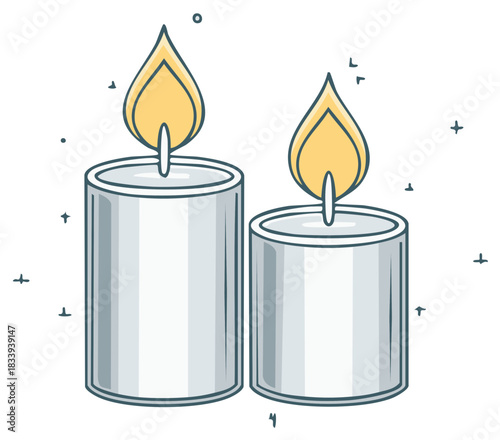 Two lit white pillar candles with yellow flames and simple decorative marks