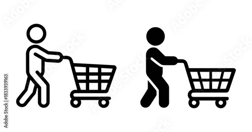Two stylized figures, one outlined and one solid black, push shopping carts, representing commerce and consumerism in simple iconographic form.