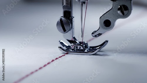A close-up view of a modern sewing machine needle rapidly stitching red thread into white fabric, demonstrating precision and craftsmanship.
