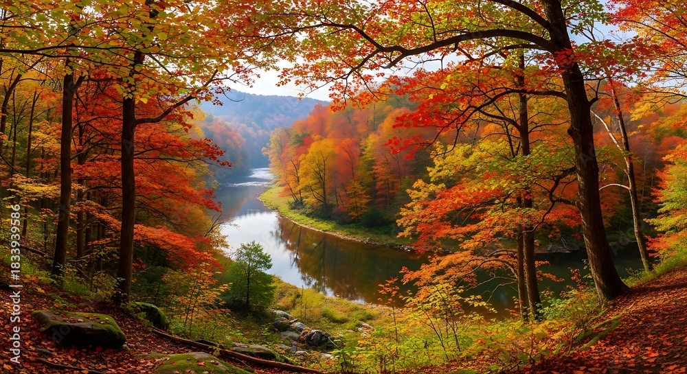 Obraz premium Autumn Forest River Landscape with Colorful Foliage