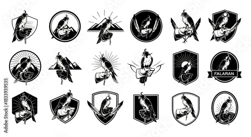 Collection of detailed black and white falcon illustrations for logo design ideas