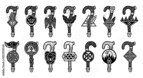 Collection of decorative walking sticks featuring various animal and geometric designs