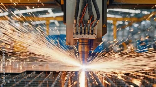 Laser cutting machine precisely shaping metal with bright sparks flying