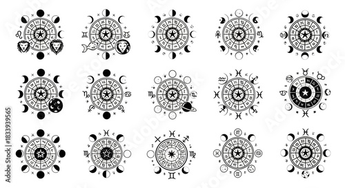 Collection of detailed zodiac wheel symbols with astrological signs and lunar phases, isolated on