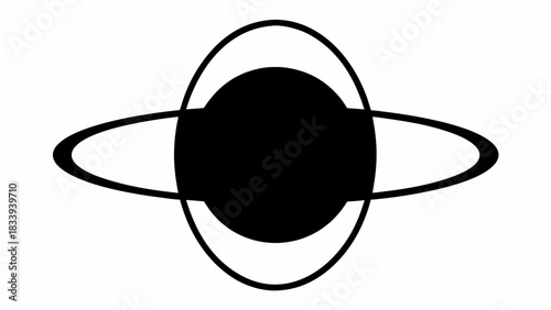 Illustration of a black planet with rings around it in a simple graphic style on a white background