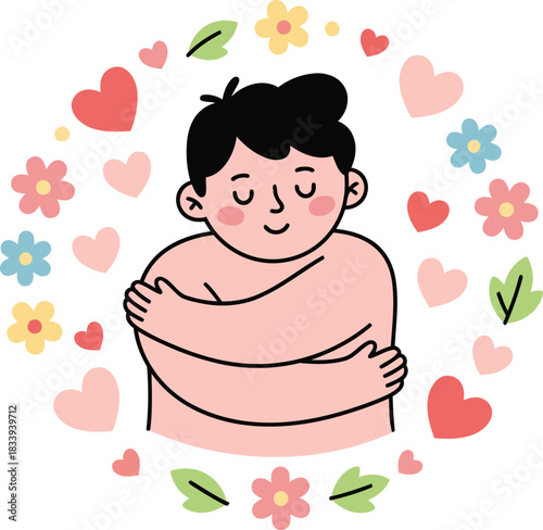 Embracing self love with a cozy hug surrounded by hearts and flowers in a positive scene