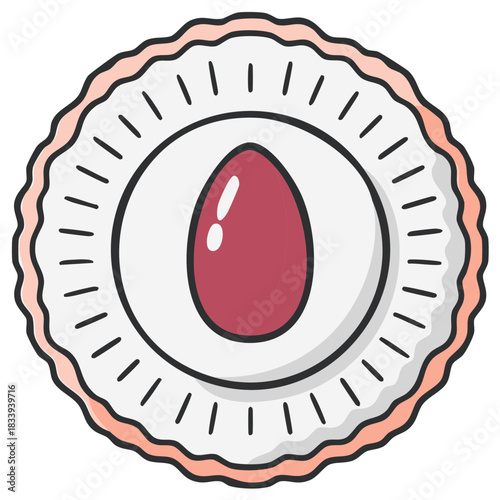 Whimsical dessert design featuring a red fruit in a layered pastry with decorative scalloped edge