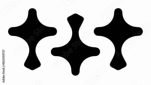 Three abstract black shapes with rounded edges arranged horizontally on a white background design art