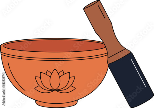 Calming line art vector of orange Tibetan singing bowl with lotus design and mallet for meditation themes