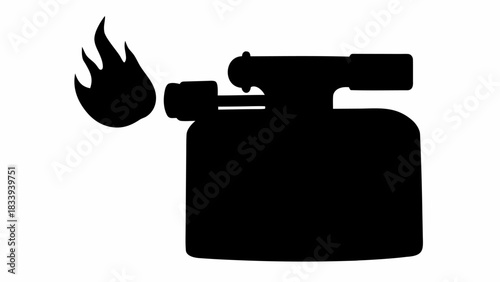 Illustration of a black silhouette of a blowtorch with a flame emanating from the nozzle tool on white