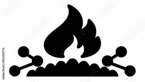 Stylized campfire with flames and abstract molecule structures in black and white illustration