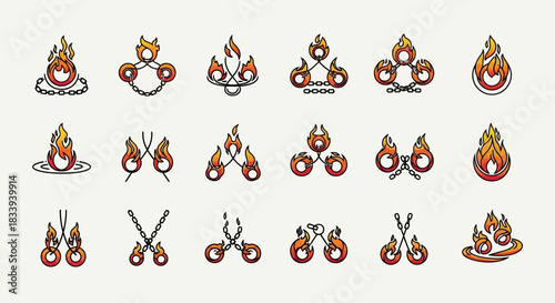 Collection of fiery torch and chain designs for juggling and performance arts graphic icons