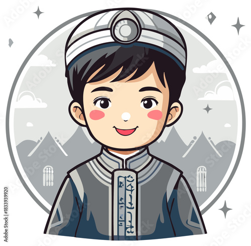 Illustration of a young Muslim boy with Kufi hat in traditional clothing