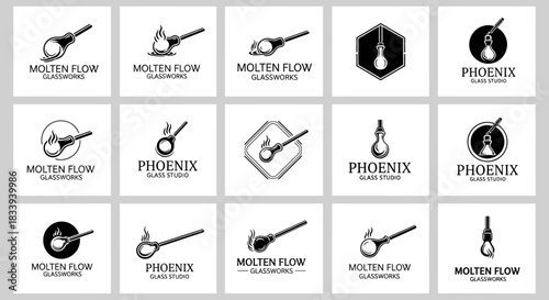 Collection of Glassblowing and Glassworks Logos with Molten Flow and Phoenix Designs