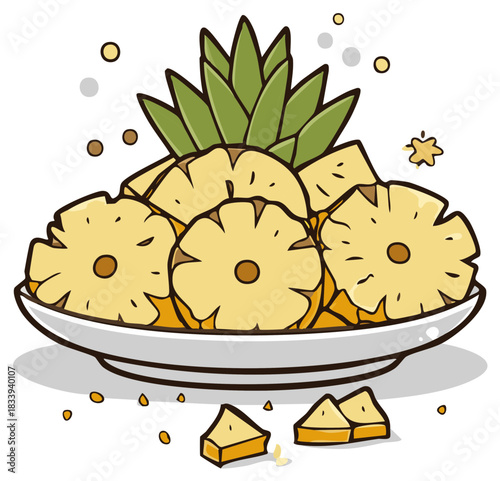 Stylized illustration of a fruit bowl with pineapple slices and chunks food presentation healthy eating delicious dessert