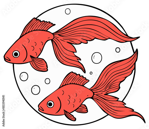 Pair of Orange Goldfish Swimming in a Circle with Bubbles Illustration