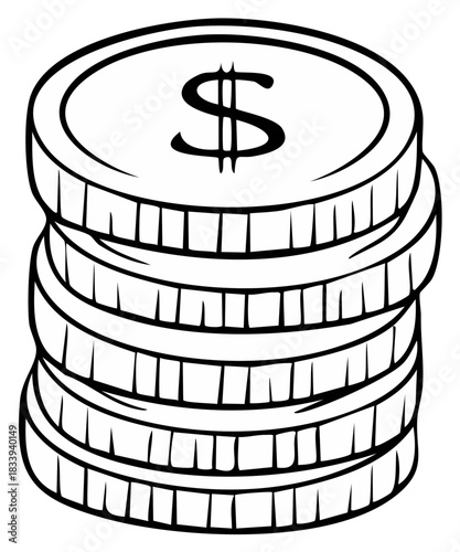 Simple black and white line art illustration of a stack of dollar coins