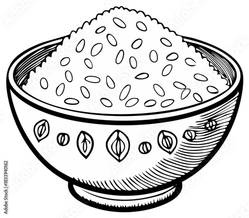 Hand-drawn black and white illustration of a decorative bowl filled with uncooked rice grains