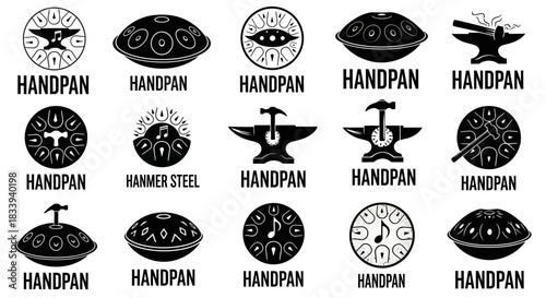 Collection of Handpan Musical Instrument Logos and Design Elements Depicted in Black and White