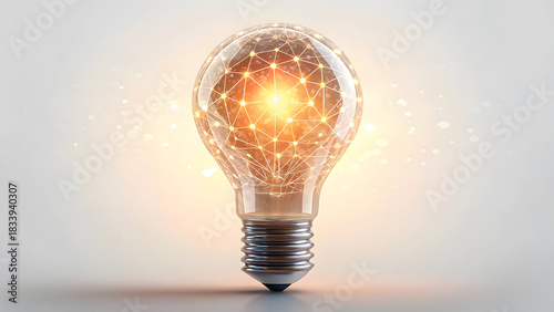 digital bright glass lightbulb glowing with power on a clear background, representing a concept of energy and a flash of creative innovation