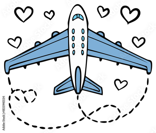 Cute cartoon airplane illustration with heart shaped flight path and floating love symbols