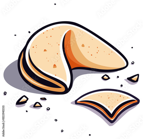 Cartoon illustration of a fortune cookie with a broken piece and crumbs offering a hint of destiny